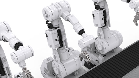 3D Rendering - Robotergreifer 3D-Rendering Robotergreifer an einem Förderband