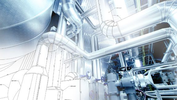 Anlagenbau - Sondermaschinen Anlagenbau-Grafik bestehend aus der Fusion von Zeichnung und Bild